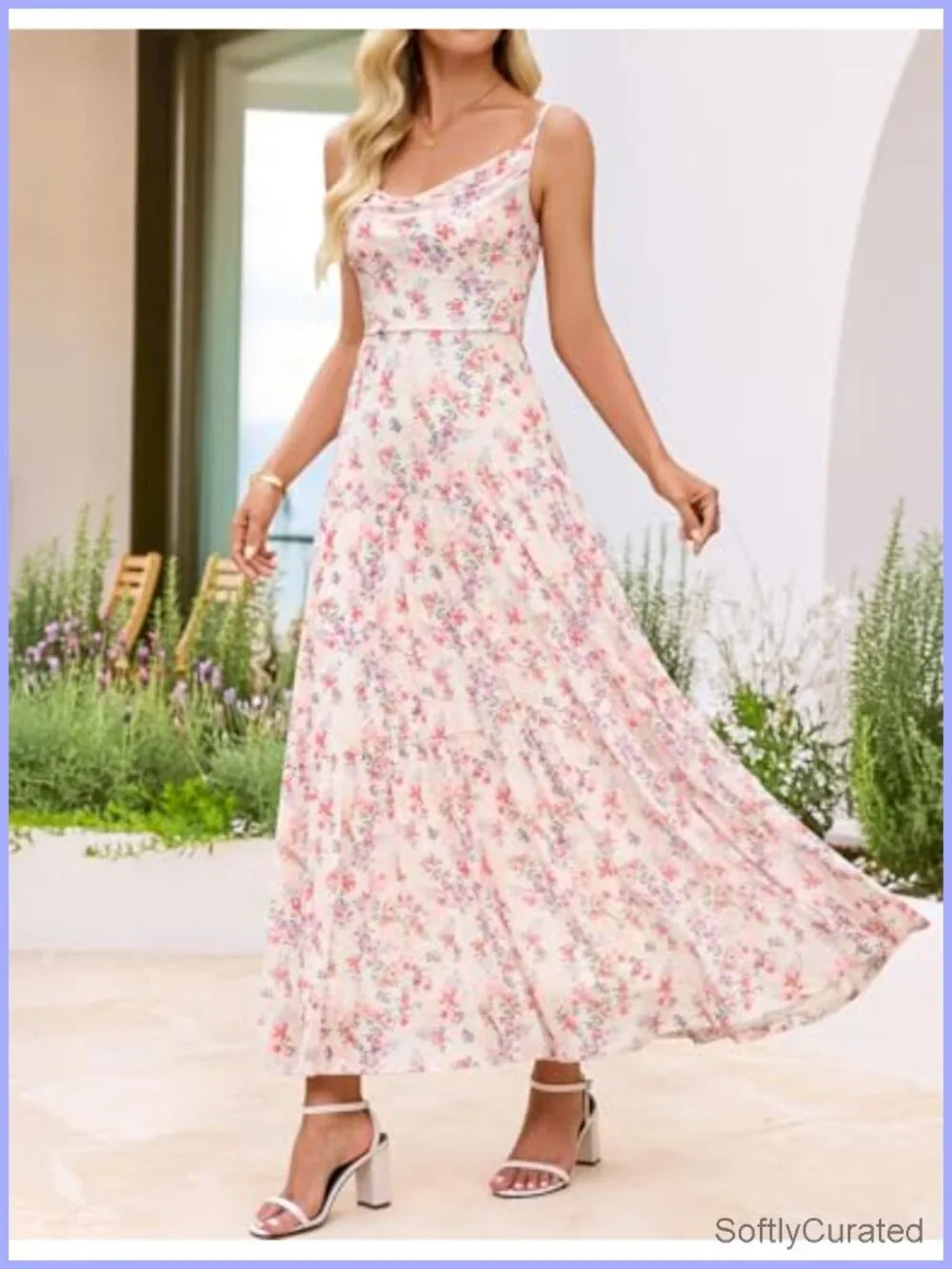 Mesh Floral Sleeveless Spaghetti Strap Cowl Neck Maxi Dress with Lining